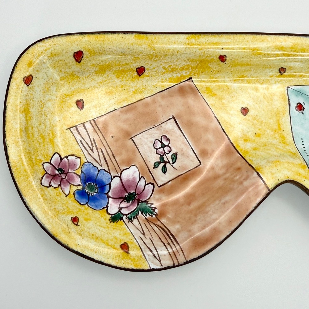 Empress Arts 2002 Handpainted Enamel Trinket Eyeglass Tray Yellow Floral Hearts - Picture 4 of 8
